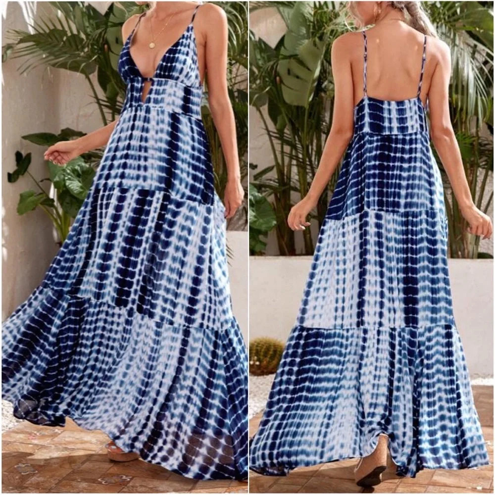 Boho Navy Blue Tie Dye Cutout Sexy Maxi Dress - Picture 2 of 5